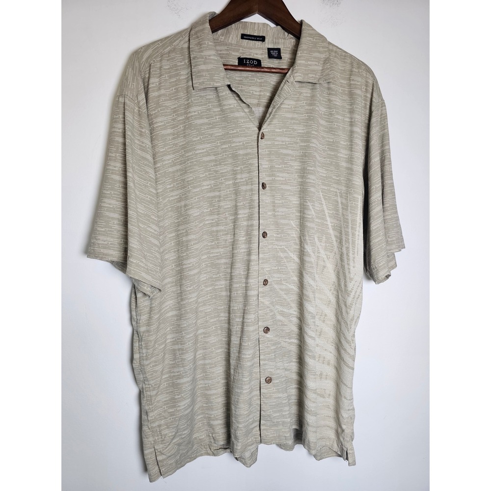 Quiet Luxury IZOD Golf Silk Button Down Shirt Mens XL Sage Green Textured Camp